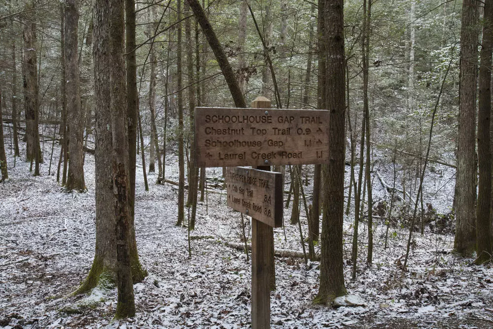 schoolhouse gap trail sign in the winter