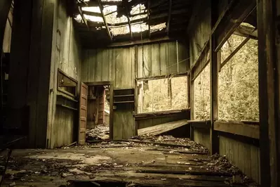 inside a building in the elkmont ghost town in the smoky mountains