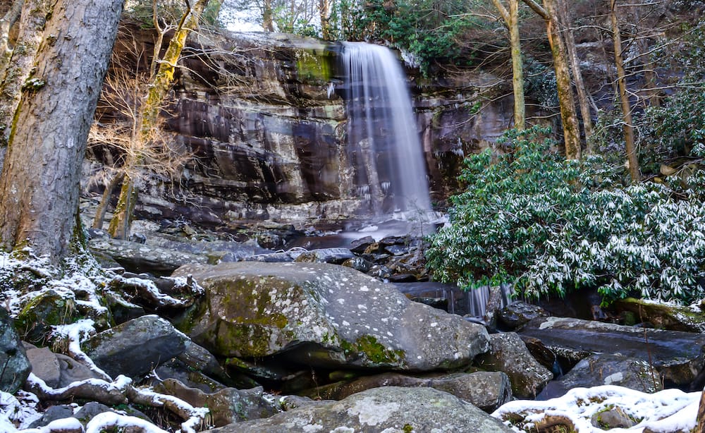rainbow falls during winter in the great smoky mountains national park